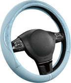 Steering Wheel Cover, Light Blue Patterned Leather Patchwork Design, Universal Fit 14.5"–15.5", Anti-Slip, Odor-Free, Soft PU Grain Leather, Durable Grip Car Accessory for Girls & Women