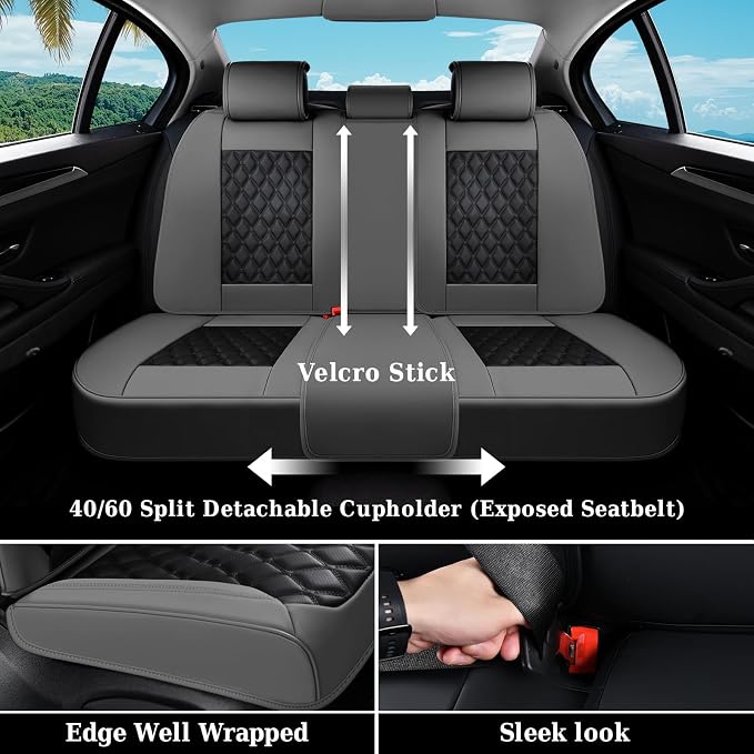 Coverado Universal Car Seat Covers Full Set, Minimalist Scratch-Resistant Waterproof Faux Leather Front & Rear Seat Protectors, Business Daily Driving – GrayBlack