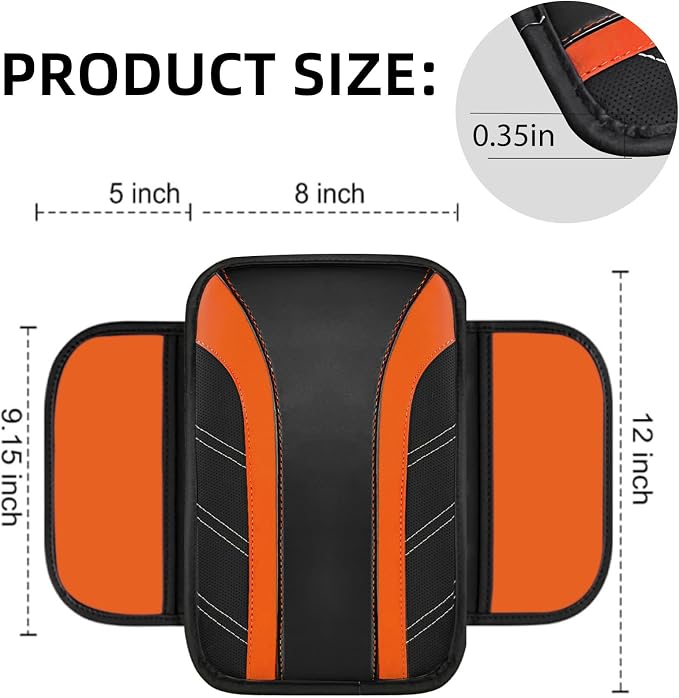6 Pcs Orange Car Accessories Set, Sport Leather Steering Wheel Cover 14.5-15inch Universal, Microfiber Leather Car Center Console Cover, Seat Belt Cushion, Cup Holder Coaster (Black-Orange)