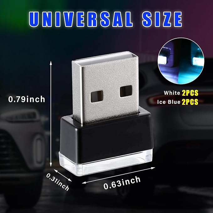 4 PCS USB LED Car Interior Atmosphere Lamp, Plug-in USB Decor Night Light, Portable Auto Ambient Lighting Kit, Universal Vehicle Interior Accessories for Most Cars (White & Ice Blue)