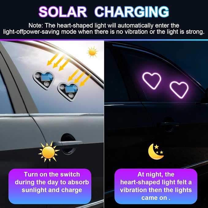 Heart-Shaped LED Neon Light | Solar and USB Rechargeable | 1 Pack Pink Car Interior Lights with Suction Cups | 40 High-Brightness LEDs Car Ambient Light, 5 Modes