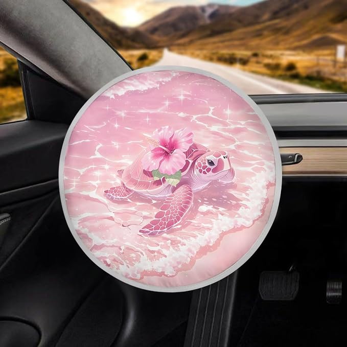 Pink Hibiscus Turtle Steering Wheel Sun Shade Cover Anti-Heat Aluminum Foil Steering Wheel Cover Sun Shade,Steering Wheel Sun Heat Shield for Car Truck SUV Van