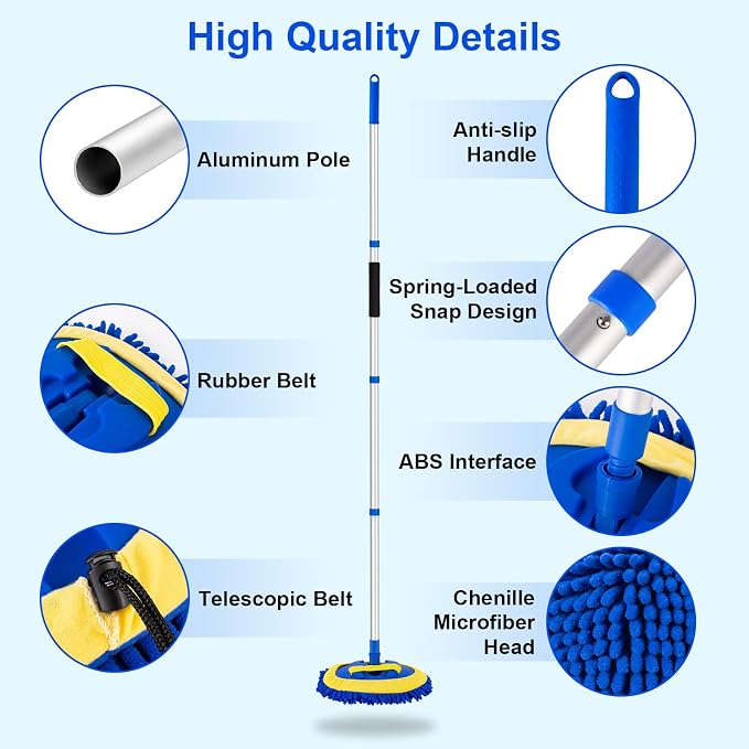 62" Car Wash Brush Kit Mitt Mop Sponge with Long Handle Chenille Microfiber Car Cleaning Brush Kit Supplies Car Washing Mop Kit Car Care Kit of Scratch-Free Replacement Head for Car RV Truck