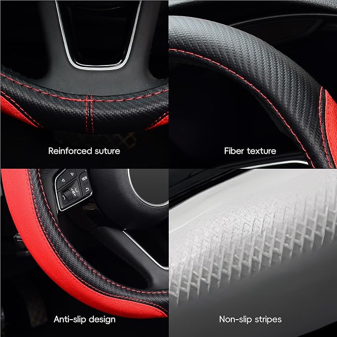 Microfiber Leather Auto Car Steering Wheel Cover, Universal 15 Inch Anti-Slip Wheel Protector, Red
