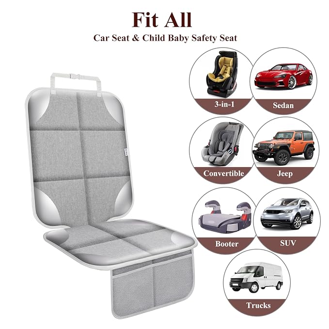 Car Seat Protector for Child Car Seat, Durable 600D Fabric Waterproof Car Seat Cover with Thick Pad Non-Slip Backing，No Imprints (Silver Gray-2pcs)