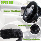 Furry Car Steering Wheel Cover with Fluffy Gear Shift Cover and Center Console Cover, Soft Warm Plush Non-Slip, 14 1/2-15 inch, for Women Girls 3 PCS Set, Black