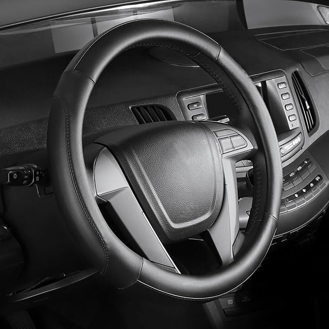 Car Steering Wheel Cover Small Size for Prius Civic Model 3 Model Y Camaro Rogue with 14-14 1/4 inches Outer Diameter, Black Microfiber Leather