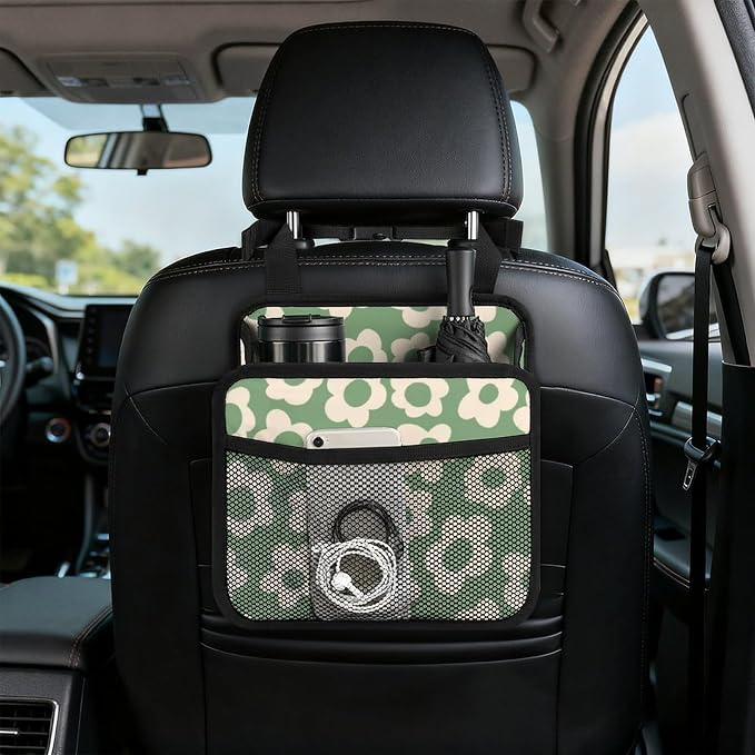 Car Backseat Organizer - Cute Aesthetic Car Storage Bin with Mesh Pocket & Reinforced Base - Universal Fit Hanging Seat Back Accessories for Women (Green)