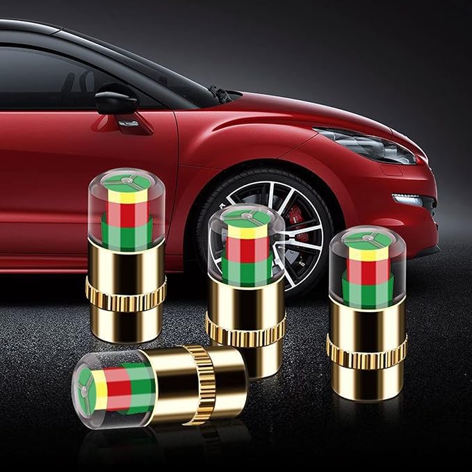 4Pcs Car Tire Pressure Monitor Valve Stem Caps Sensor Indicator 3 Color Eye Alert (Golden,2.2Bar 32PSI)