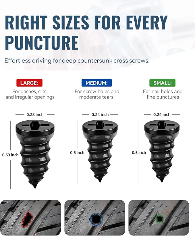 Tire Repair Kit with Tire Plugs Screw Type, Heavy Duty Flat Tire Puncture Repair Nail Kit for Car, Truck, Motorcycle, SUV, ATV, Tractor