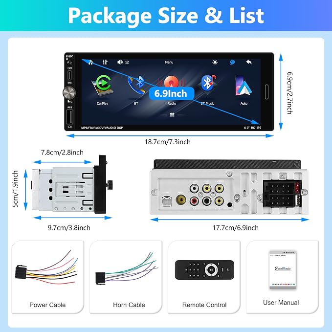 Single Din Car Stereo with Wireless Apple Carplay, 6.9 Inch Touchscreen Car Radio with Bluetooth 5.0 Android Auto Mirror Link FM/EQ USB/AUX/TF/SWC+Remote Control