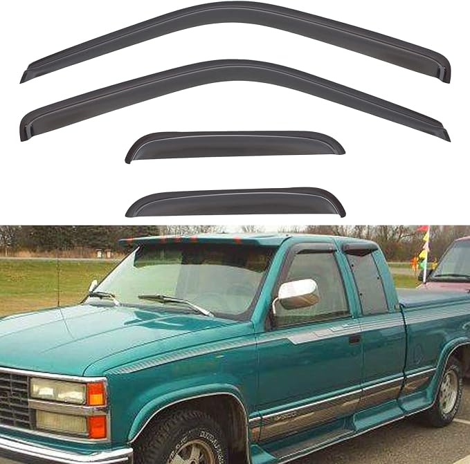 Smoke Window Visors Compatible with 1988-2000 C10 C1500/C2500/C3500/K1500/K2500/K3500 Pickup Extended Cab with Half Size Rear Doors Rain Guard Outside Mount Tape-On Acrylic Set of 4 Front+Rear