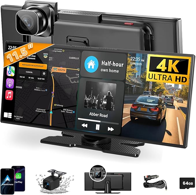11.5 '' Wireless CarPlay Screen for Car, A-pple CarPlay & Android Auto HD Touchscreen with 4K Dash Cam/1080P Backup Camera/Navigation/Bluetooth/Voice Control/FM/Mirror Link,for All Vehicles