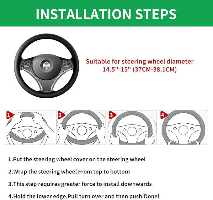 Car Steering Wheel Cover 15 inch, Microfiber PU Leather Elastic Steering Wheel Protector, Anti-Slip Breathable Car Interior Accessories for Most Cars (Green)