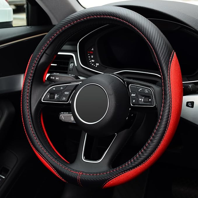 Microfiber Leather Auto Car Steering Wheel Cover, Universal 15 Inch Anti-Slip Wheel Protector, Red