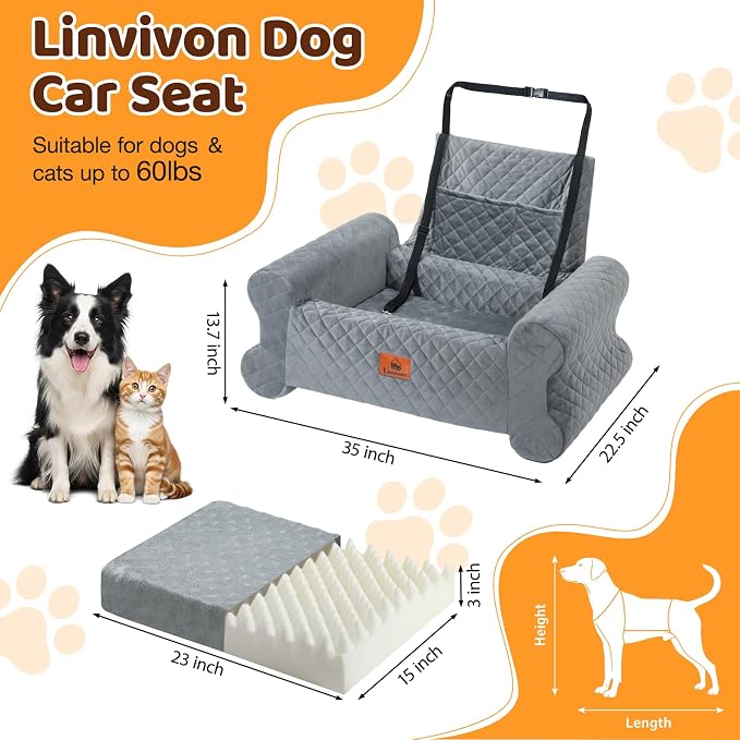 Dog Car Seat for Medium/Large Dogs up to 60 lbs, Memory Foam Dog Booster Seat with Thick Cushion, Pet Car Seat for Back with Detachable Washable Cover, Storage Pockets for SUV, Pick Up, Trunk, Grey
