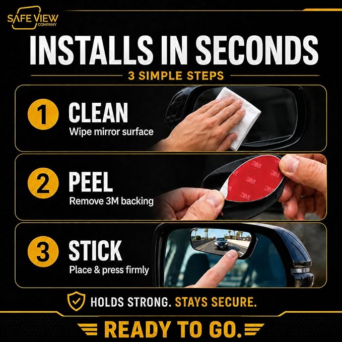 Safe View Wingman Blind Spot Mirrors – See More, Drive Safer – Real Convex Glass, Wide Angle Vision, Easy Peel & Stick, Durable Weatherproof Design