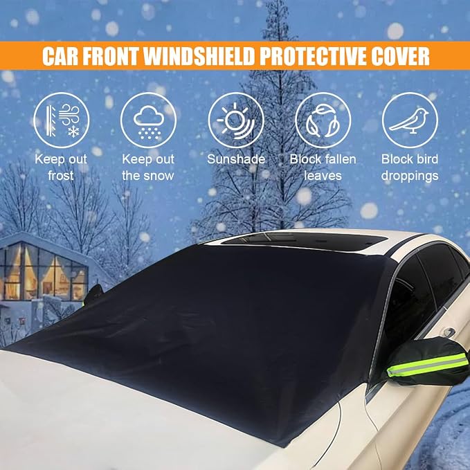 82"×49" Car Windshield Cover for Ice and Snow, All-Seasons Windshield Sunshade with Anti-Theft Straps and Side Mirror Covers, Waterproof Windproof Car Frost Protector, Portable Winter Car Accessories