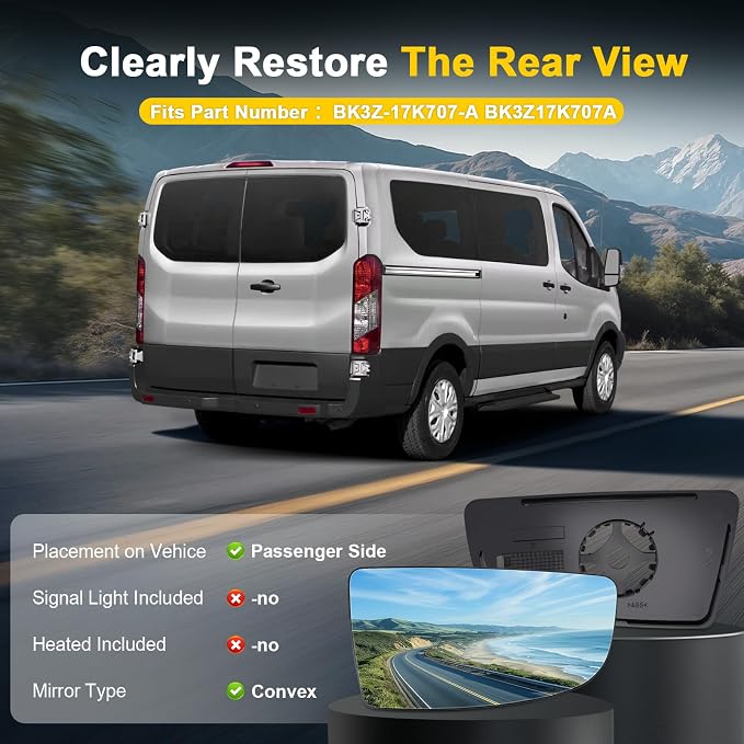 Passenger Lower Side Mirror Glass Compatible with 2015-2025 Ford Transit 150 250 350 2023-2025 E-Transit Replace BK3Z17K707B BK3Z17K707A Wide-Angle Non-Heated