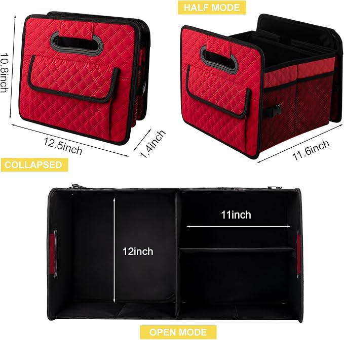 Car Trunk Organizers and Storage for SUV, Collapsible Multi Compartment Container Box Adjustable Car Accessories for Women Men, Red