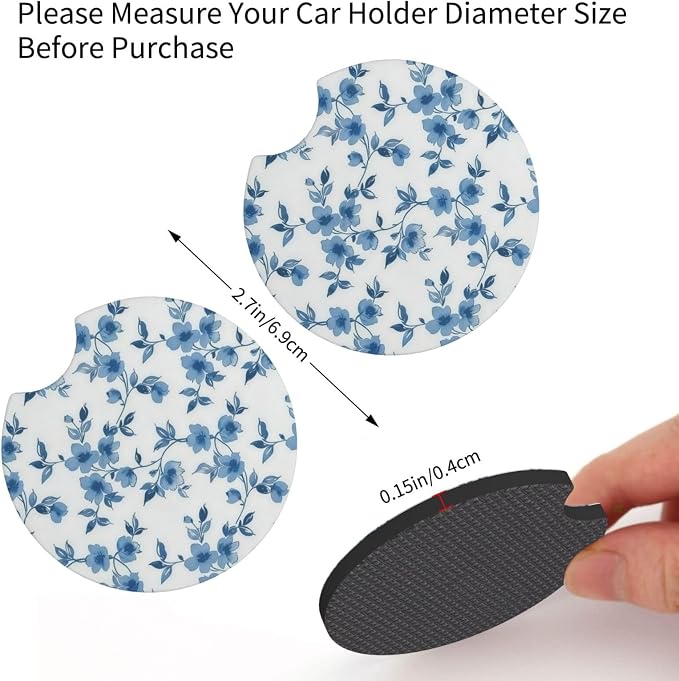 Cute Floral Steering Wheel Cover 15 in + 2pc Blue Flowers Car Coasters | Anti-Slip Breathable Universal for Car Suitable for Men Women Florals