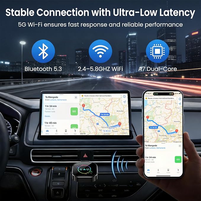 Wireless CarPlay Adapter for iPhone＆Android - 3 in 1 Dual Band WiFi 2.4G/5G & Bluetooth 5.3 Airplay Mirror Link CarPlay Dongle with USB-A/Type-C Port, Plug & Play, OTA Update