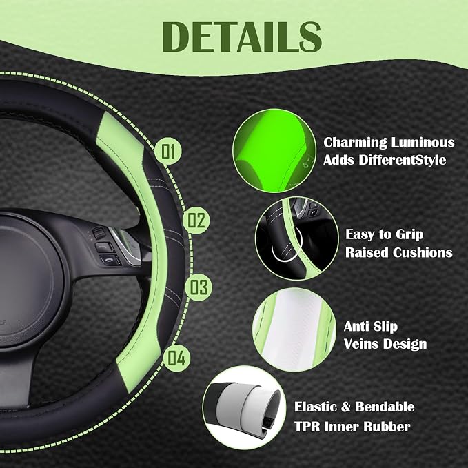 Line Rider Microfiber Leather Sporty Steering Wheel Cover Universal Fits for 95% Truck,SUV,Cars 14.5-15inch, Anti-Slip Safety Comfortable Design (Glows Lime Fluorescent Green)