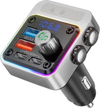 54W Bluetooth 5.3 Car Adapter with 4 Charging Ports [PD 36W & QC3.0 18W], Wireless Radio FM Transmitter with Deep Bass Player & 5 Colors LED Backlit, Hands-Free Calling - Silver