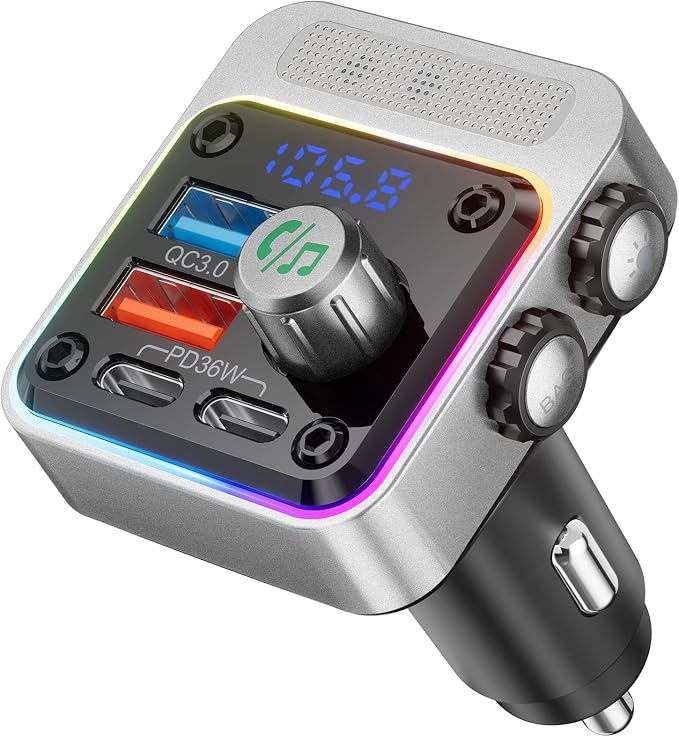 54W Bluetooth 5.3 Car Adapter with 4 Charging Ports [PD 36W & QC3.0 18W], Wireless Radio FM Transmitter with Deep Bass Player & 5 Colors LED Backlit, Hands-Free Calling - Silver