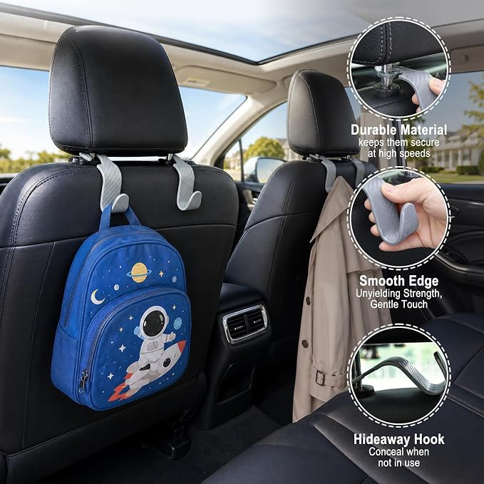Car Seat Hooks for Headrest 4 Pack, Car Seat Back Storage Hook, Universal Vehicle Headrest Hanger for Purse, Handbag, Coat, Umbrella, Grocery Bags, Practical Interior Accessories