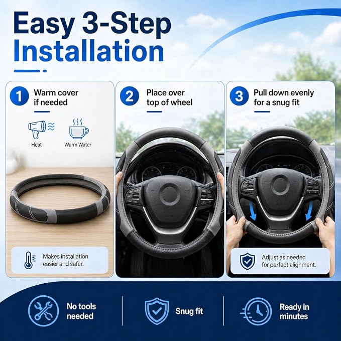 Steering Wheel Cover for 14.5" to 15" Wheels, Soft Padded Grip with Anti-Slip Inner Lining, Breathable Comfort for Daily Driving, Easy Stretch Fit for Cars, SUVs and Trucks, Black/Gray