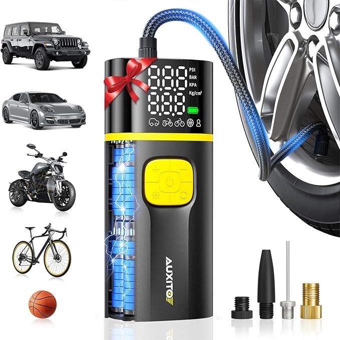 AS1 PRO Tire Inflator Portable Air Compressor - 150PSI Dual Cylinder 7800 mAh & 12V DC, Bike Pump Air Pump for SUV, Truck, Bike, Motorcycle with Digital Tire Pressure Gauge, Car Gifts for Men