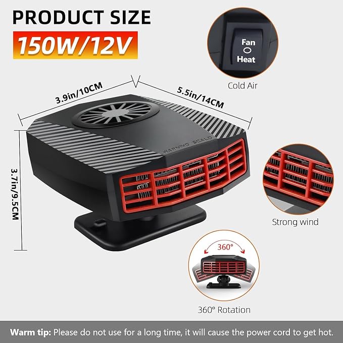 12v 200W Car Heater, Portable Car Heater and Defroster, Windshield Defogger, 12 Volt That Plugs Into Cigarette Lighter, Calenton para Carro, 360° Rotation (Black)