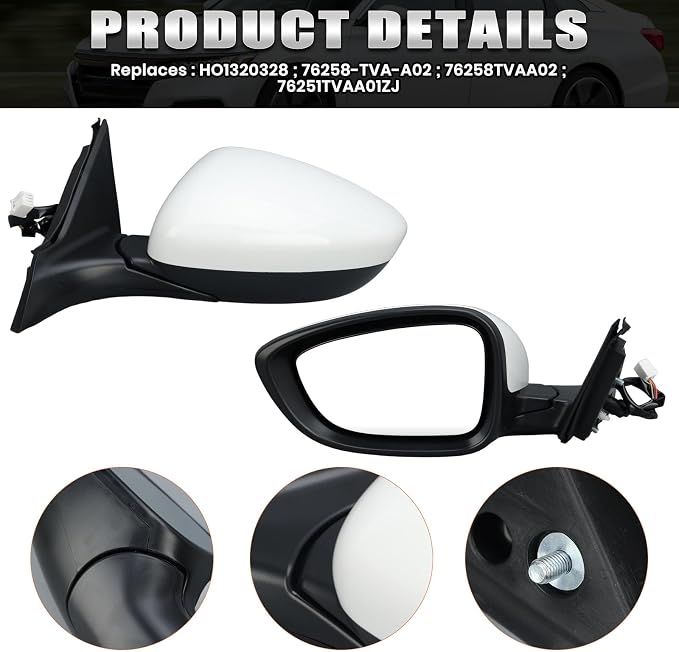 Left Driver Side Mirror Compatible with Honda Accord LX Sport 1.5T 2018-2025 Power Glass | Non-Heated | Paint to Match Repalces HO1320328 76258-TVA-A02 (3Pins-White)