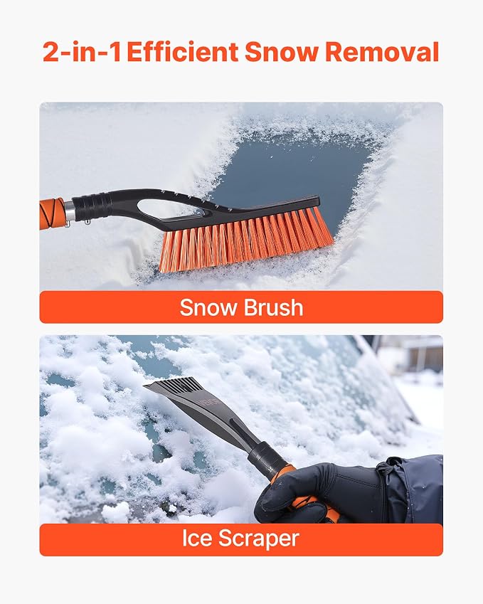Snow Brush and Ice Scrapers for Car Windshield, 27-inch Aluminum Snow Scraper Removal Tool with Foam Grip & Scratch-Free Bristles, Detachable and Easy-to-Carry for Cars, Trucks, SUVs, RVs