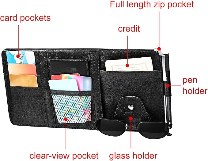 2 Packs Car Sun Visor Organizer, Sunglasses Holders for Car Sun Visor PU Auto Interior Accessories Storage Travel Document Holder with Multi Pocket (Black, 12.2 x 6.1 Inches)
