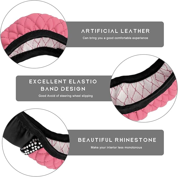 Bling Car Steering Wheel Cover, 15 Inch Sparkly Rhinestone Soft Leather Steering Wheel Protector, Non-Slip Universal Auto Elastic Steering Wheel Covers for Women Girls (Pink)