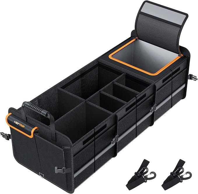 Large Trunk Organizer With Built-in Leakproof Cooler Bag, 2 Tie-Down Straps, 4 Removable Dividers, Foldable Cover, Built with 2mm PE Board