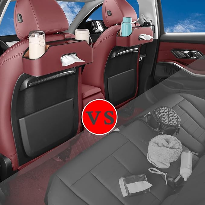 Car Back Seat Organizer with 2 Drink Cup Holder - Tissue Box and Storage Box Hook - Multi-functional Storage - Great for Kids and Travel (Red)