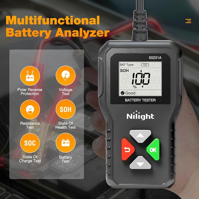 Car Battery Tester 6V 12V 24V Accurate Digital Auto Analyzer 100-2000 CCA Voltage SOH SOC Internal Resistance Test for Cars Trucks SUV ATV Boats Motorcycles Vehicle