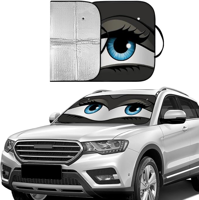 Big Eyes Foldable Windshield Snow Cover, Reflective Accordion Car Windshield Snow Cover, Sun Visor for Car Windshield, Ultimate Heat & UV Protection, Suitable for Most Cars, 54" L x 27.6" W
