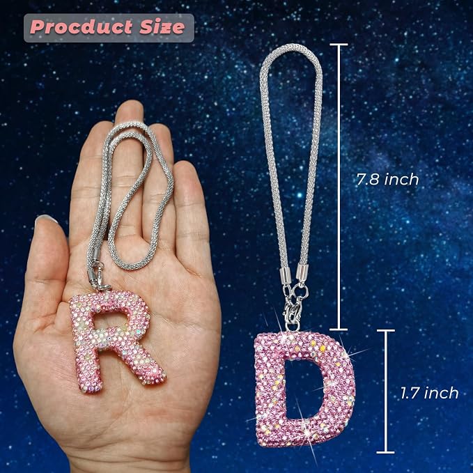 Bling Pink Car Accessories for Women Letter Charm, Rainbow Color Rear View Mirror Cute Crystal Pendant Car Decorations, Lucky Gifts Diamond Rhinestone Charm Letter D