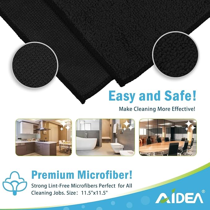 AIDEA Microfiber Cleaning Cloth Black 100PK, Microfiber Towels for Cars, Premium Car Cloths, Dusting Cloth Lint Free Cleaning Rags for SUVs, House, Kitchen, Window, Workshops,11.5"×11.5"