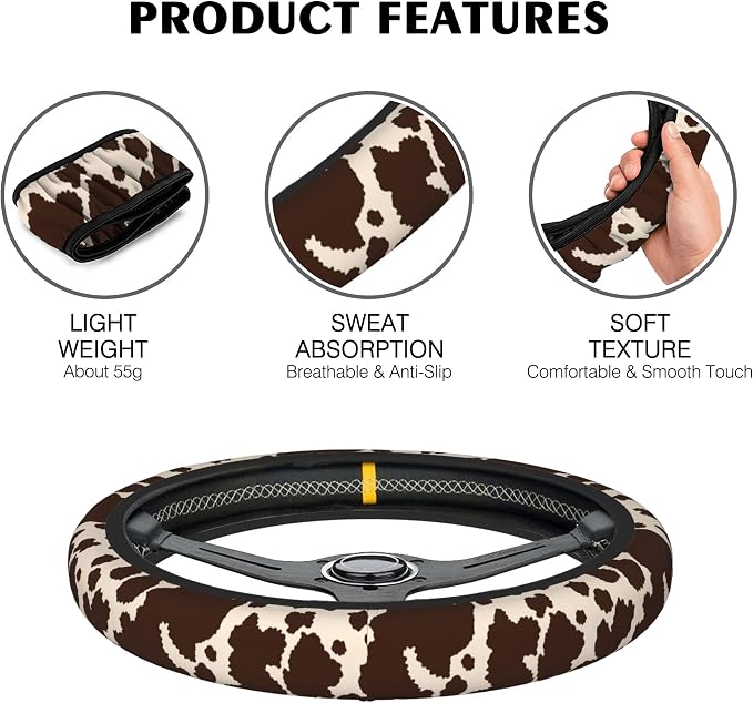 Brown Cow Print Steering Wheel Covers Universal 15 Inch Car Wheel Cover,Anti-Slip Breathable Car Accessories Protector Fit for Trucks,Sedans,SUVs,Vans