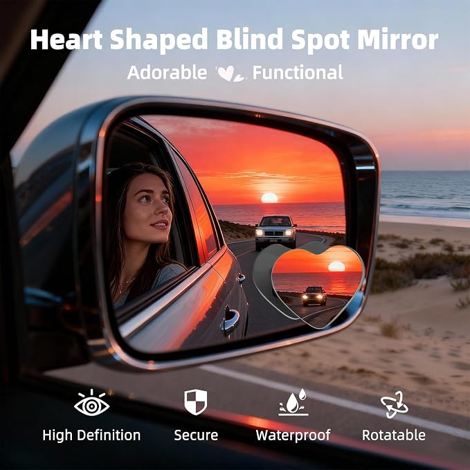 Heart Shaped Blind Spot Mirrors for Car 2 Pack - HD Glass Frameless, Adjustable Angle Wide View Convex Mirror Stick to Side Mirror Blindspot, Cute Girly Heart Car Accessories for Women