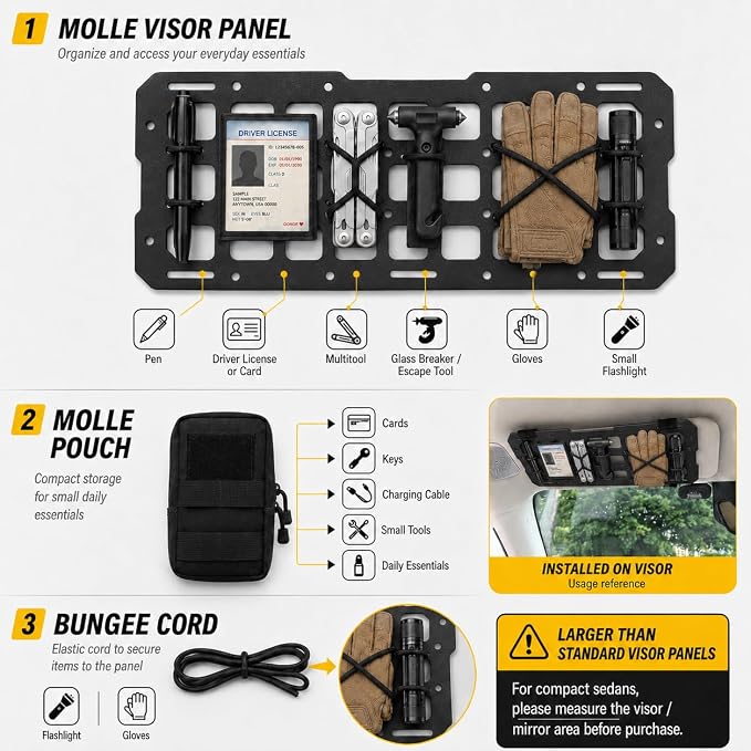 Visor MOLLE Organizer Panels for Car Sun Visor – Rigid ABS Sun Visor Organizer with MOLLE Webbing – Adjustable Fit for Truck SUV (2 Pack)