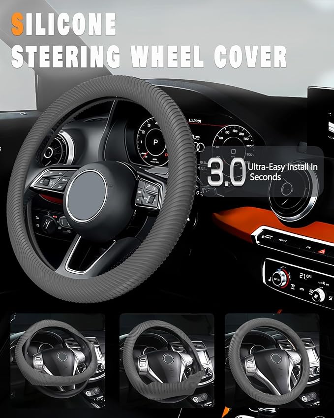 Car Steering Wheel Cover, Thin Anti-Skid Silicone Steering Wheel Cover for Men & Women, Universal Automotive Interior Accessories for Most Cars (Grey)