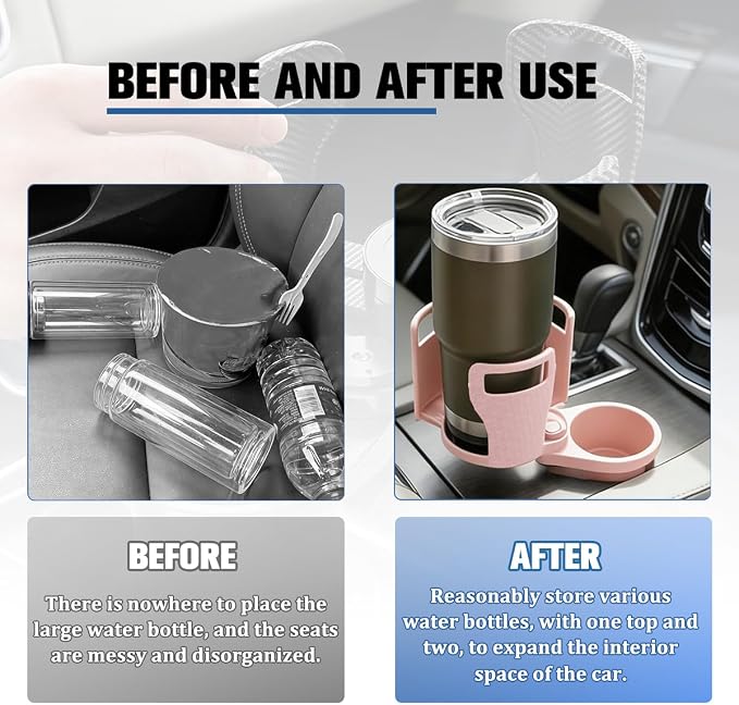Car Cup Holder Expander, 2 in 1 Multifunctional 360° Rotating Water Bottles Holder Extender Adapter with Adjustable Base, Automotive Insert Drink Cup Adapter, Universal for Vehicles (Pink)