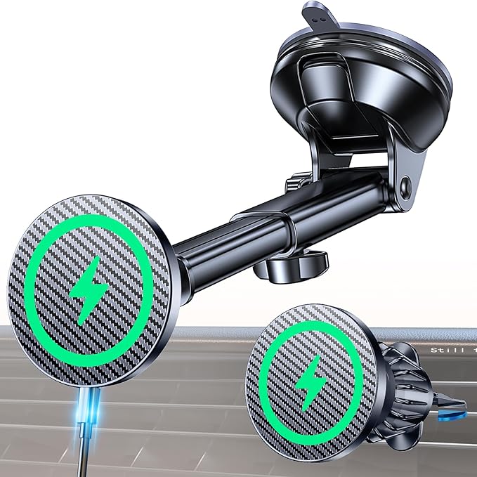 for MagSafe Car Mount Charger【Ultra Magnet】 Magnetic Phone Holders for Your Car Charger【Windshield+Vent+Dash】 Magnetic Wireless Car Phone Holder Charger Car Mount for iPhone 17 (Carbon Fiber)