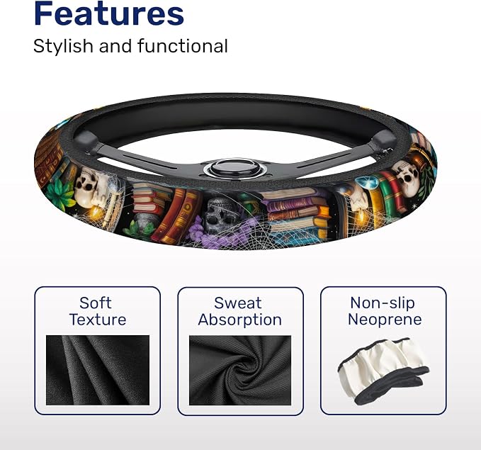 Dark Academia Books Steering Wheel Cover, Polyester Non-Slip Car Wheel Grip, Universal 15 Inch Auto Accessory